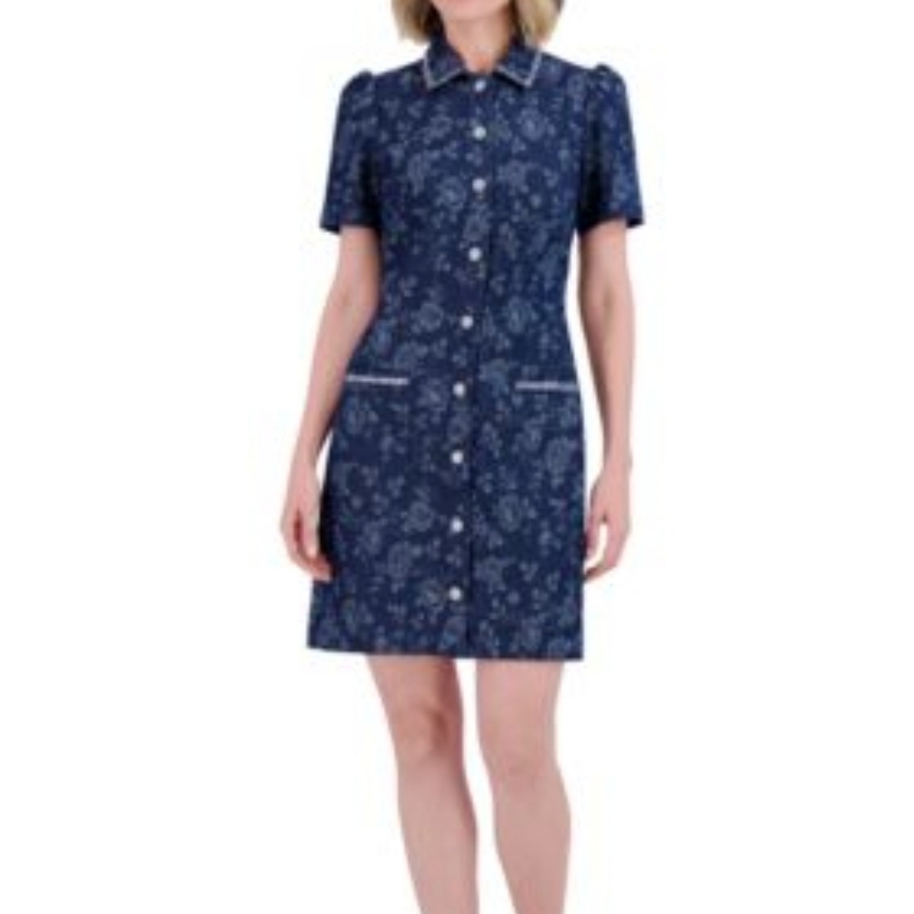 Eliza J Floral Denim Mini Dress With Rhinestones Size 2P
